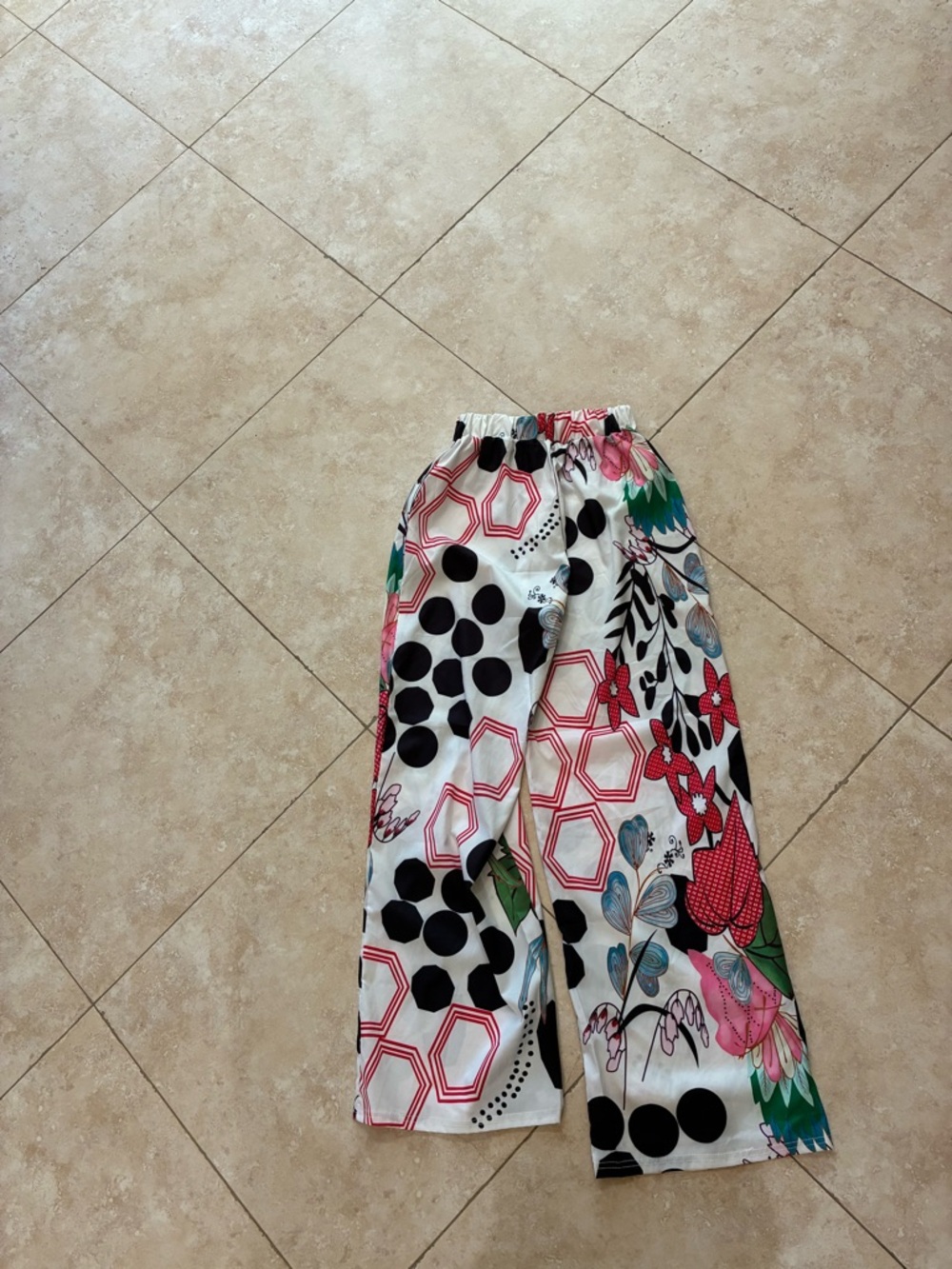 Wide Leg Floral & Geometric Print Pants in White and Black